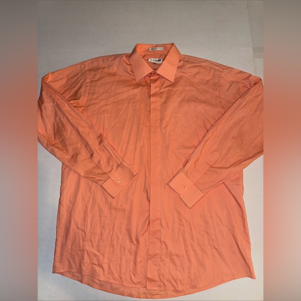 Lucasini Men’s Peach Long Sleeve Button Up Dress Shirt, Size 17 1/2 36-37
